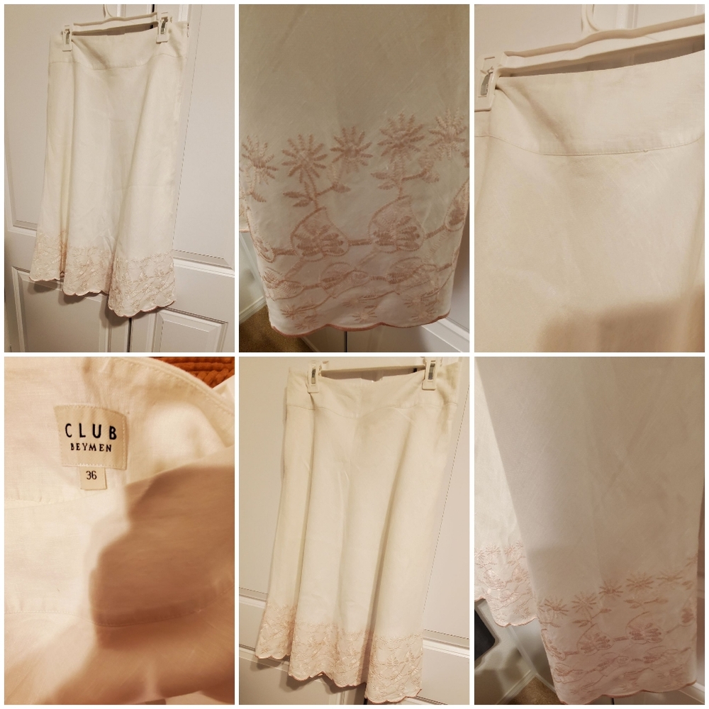 CLUB BEYMEN WOMEN'S LINEN WHITE FLOWY EMBROIDERED SKIRT-36